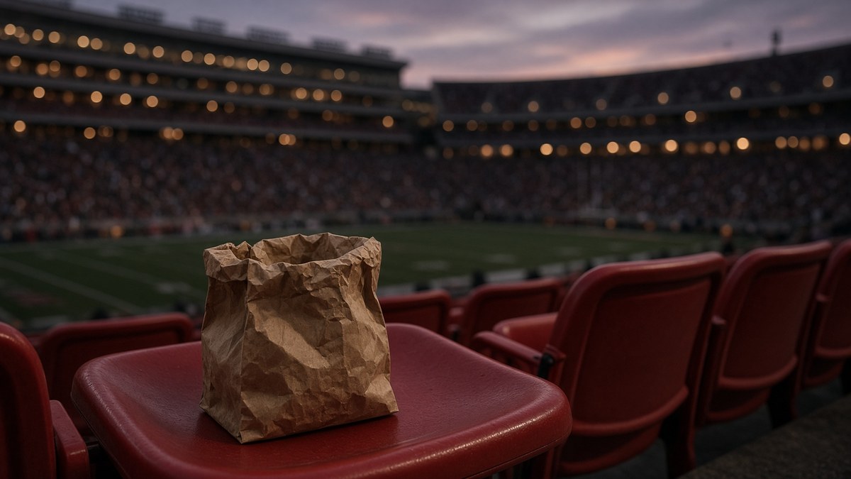 A brown paper bag on an empty cardinal-red stadium seat ahead of Sack Saturday